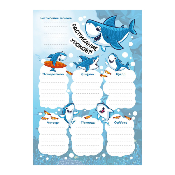 Расписание уроков А4 "Веселые акулы" мел. картон РЛ40009 Listoff